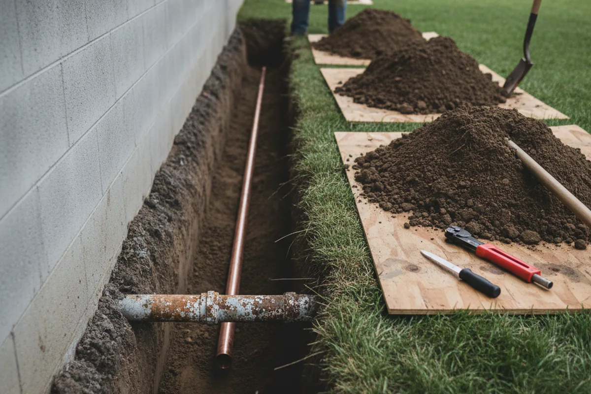Excavated water line trench during Water Softener Installation in Oak Ridge